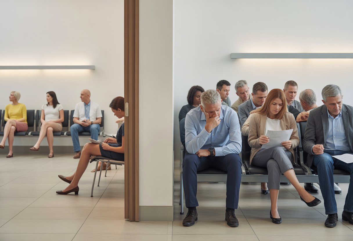 Zwei nebeneinander liegende Wartebereiche in einer Arztpraxis, einer klein und komfortabel mit wenigen entspannten Patienten, der andere groß und überfüllt mit wartenden, ungeduldigen Patienten.