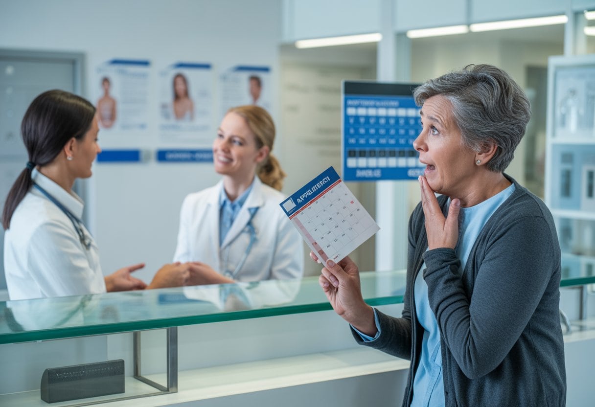 Ein besorgter Patient spricht an der Rezeption einer Arztpraxis mit einer Mitarbeiterin, während im Hintergrund ein anderer Patient vom Arzt betreut wird.