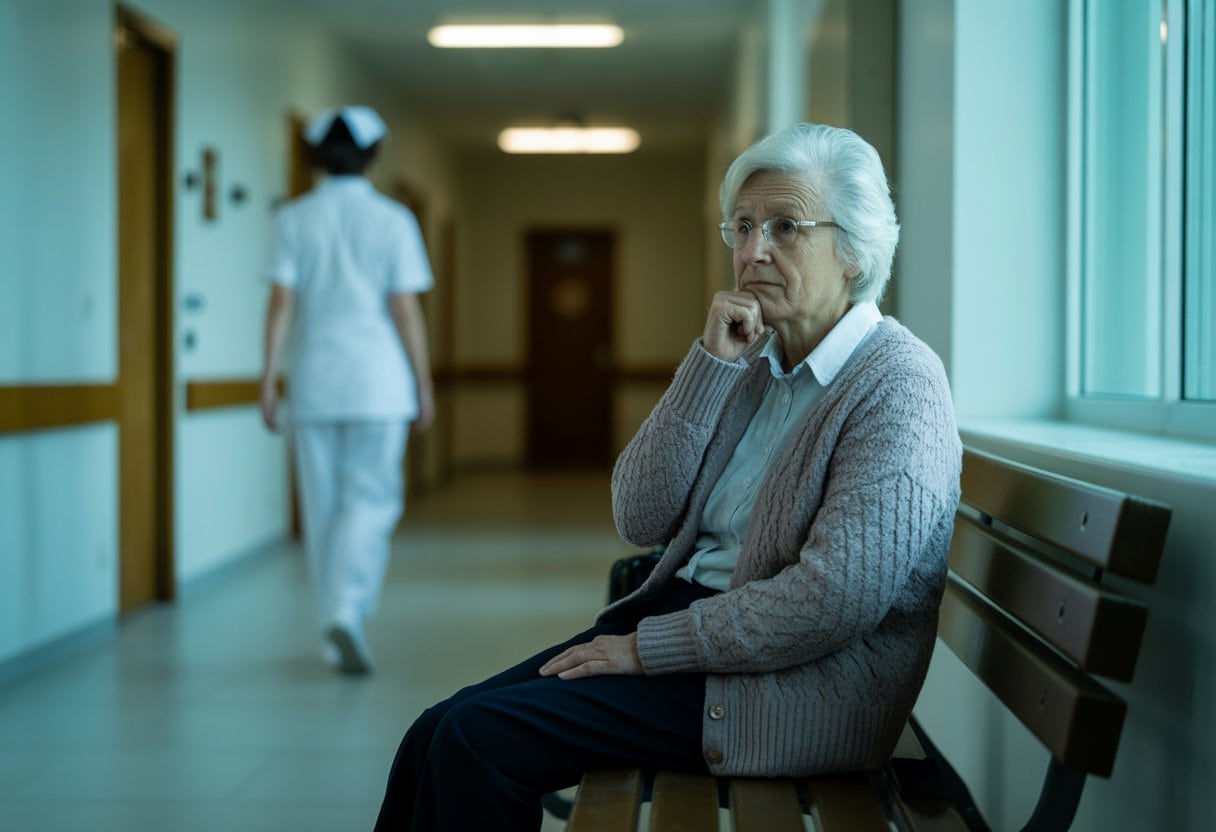 Eine ältere Frau sitzt allein auf einer Bank in einem ruhigen Flur eines Pflegeheims, im Hintergrund geht eine Krankenschwester weg.