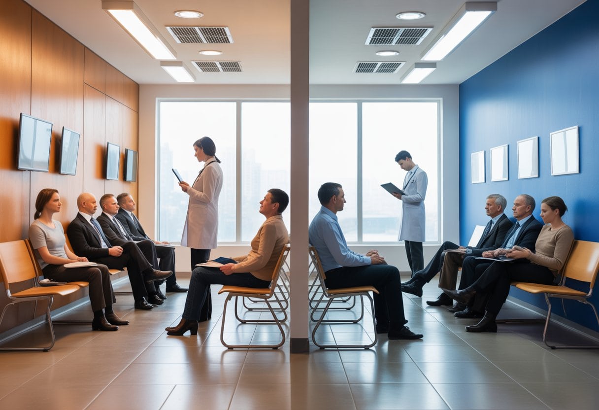 Warteraum einer Arztpraxis mit zwei Bereichen, in denen eine Gruppe von Patienten schnell bedient wird und eine größere Gruppe lange wartet.