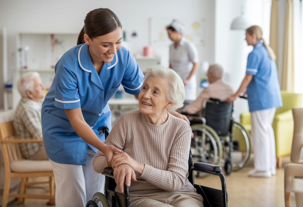 Eine junge Krankenschwester hilft einer älteren Frau im Rollstuhl in einem Pflegeheim, beide wirken freundlich und unterstützend.