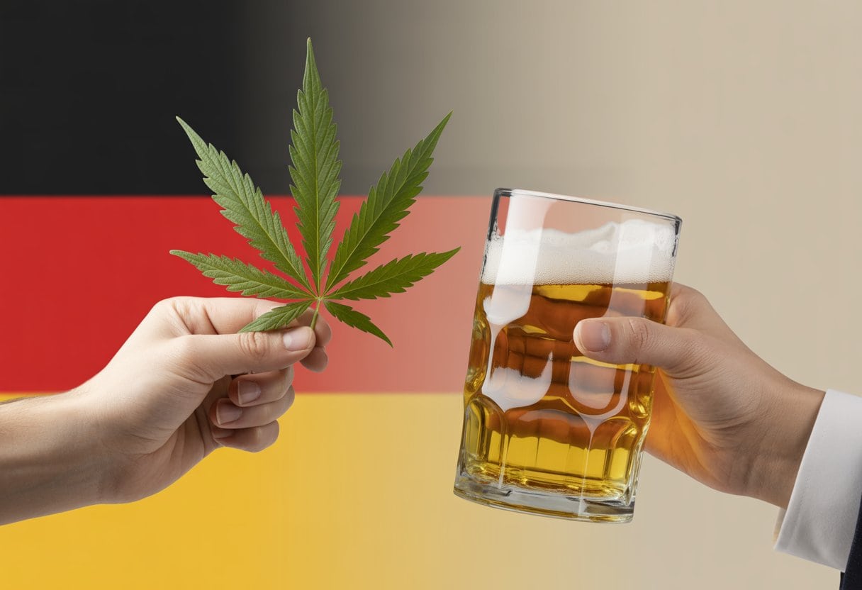Eine Nahaufnahme zeigt eine Hand mit einem Cannabisblatt und eine andere Hand mit einem Bierglas nebeneinander.