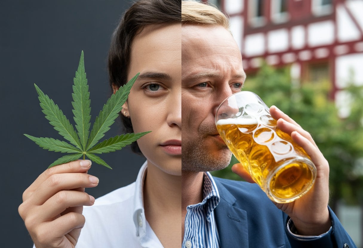 Zwei Personen nebeneinander, eine hält eine Cannabispflanze, die andere trinkt Bier in einem Biergarten.