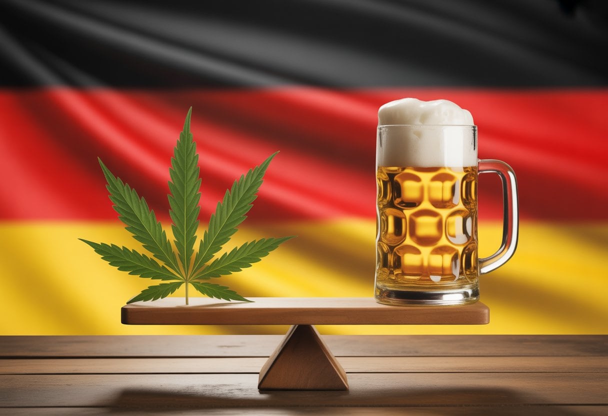 Eine Waage mit einem Cannabisblatt auf der einen Seite und einem Bierglas auf der anderen, vor einem verschwommenen deutschen Flaggenhintergrund.