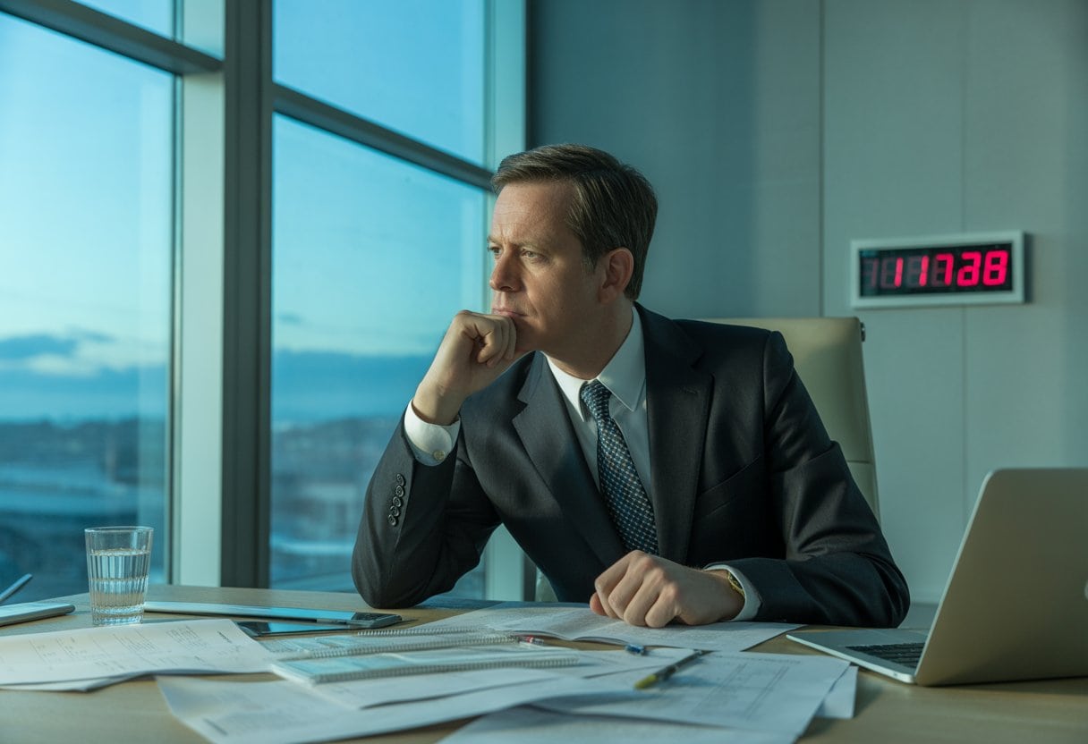 Ein nachdenklicher Gesundheitsminister sitzt an einem Schreibtisch in einem Büro und blickt aus dem Fenster.