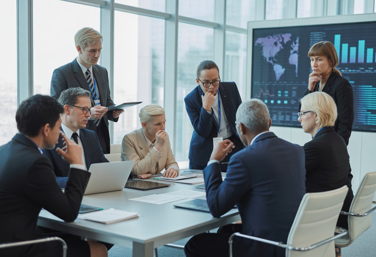 Gesundheitsminister diskutieren ernsthaft in einem modernen Konferenzraum über die Vorbereitung auf die nächste Pandemie.