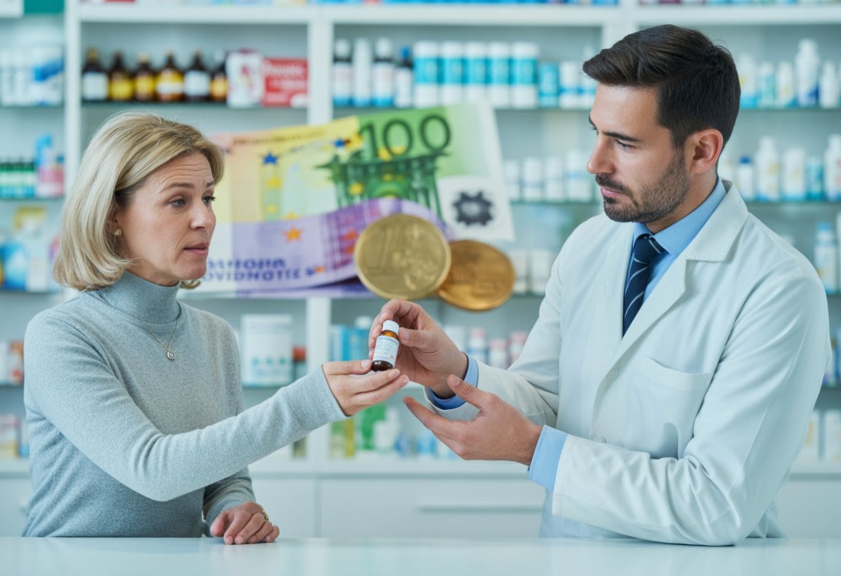 Eine Apothekerin übergibt einer besorgten Frau ein Fläschchen mit homöopathischen Mitteln in einer modernen Apotheke.