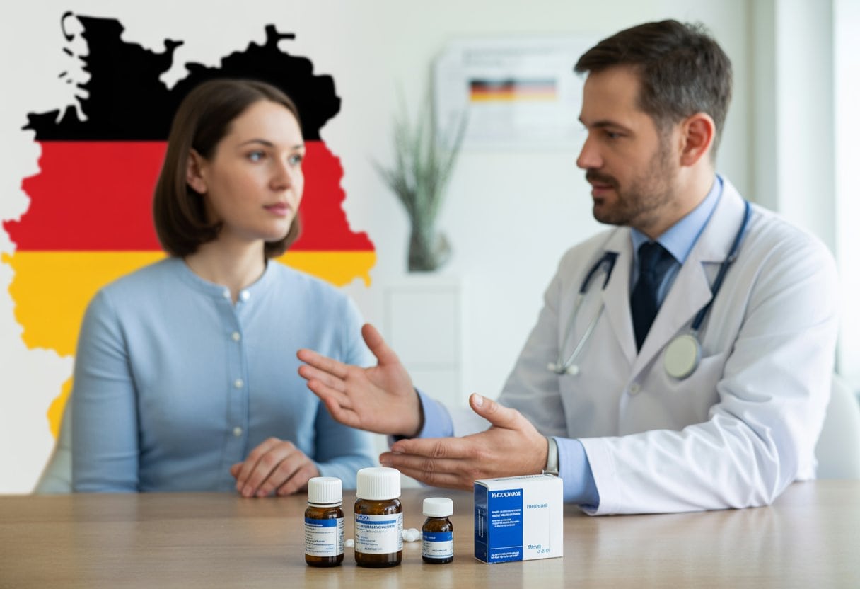 Ein Arzt und ein Patient besprechen Behandlungsoptionen in einer modernen Praxis, auf dem Tisch stehen homöopathische und konventionelle Arzneimittel, im Hintergrund ist eine deutsche Flagge oder Landkarte angedeutet.