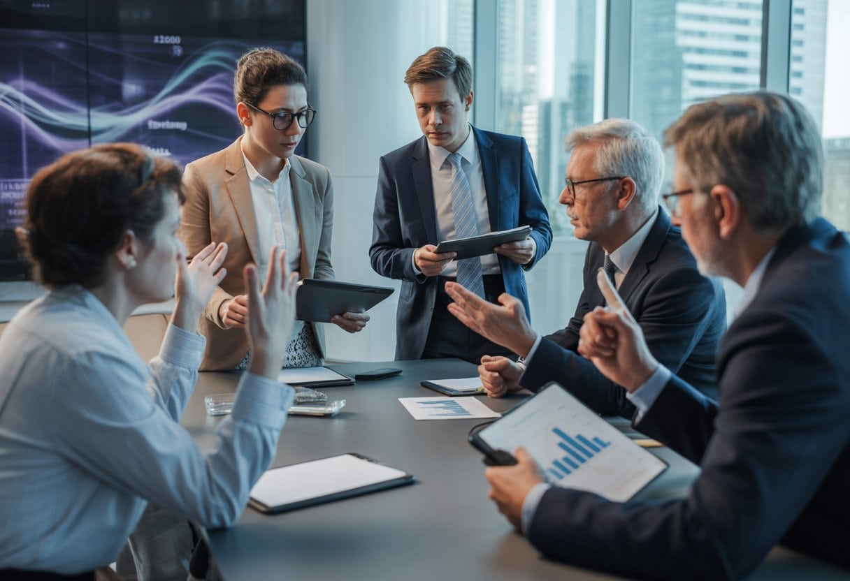 Menschen in einem Konferenzraum diskutieren ernsthaft über die Finanzierung von Homöopathie mit Dokumenten und Diagrammen auf dem Tisch.