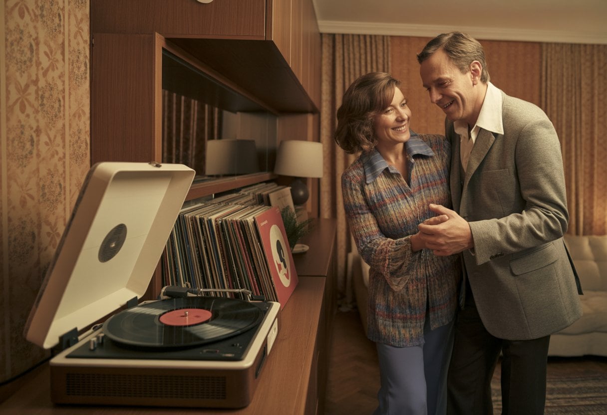 Ein Paar in einem Wohnzimmer mit 1970er-Jahre-Dekor hört Musik von einem Plattenspieler und tanzt zusammen.