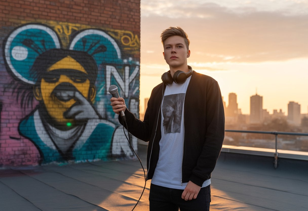 Ein junger Rapper steht auf einem städtischen Dach bei Sonnenuntergang vor einer mit Graffiti bedeckten Wand.