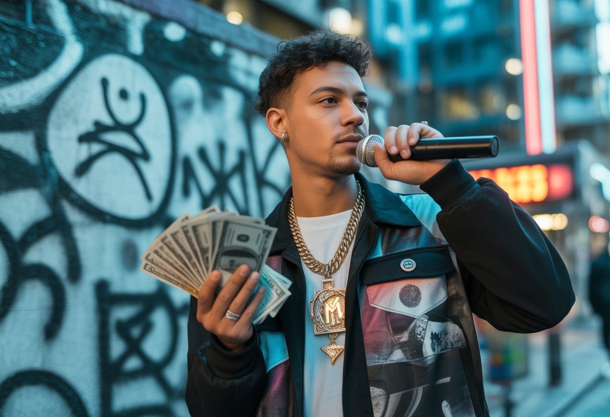 Ein junger deutscher Rapper in urbaner Umgebung hält ein Mikrofon und Geldscheine, vor einer mit Graffiti bedeckten Wand.