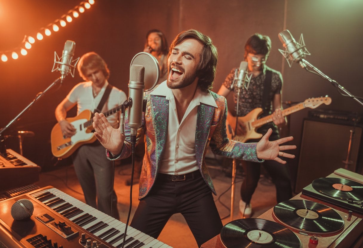 Ein Sänger in 70er-Jahre-Kleidung singt in einem Retro-Aufnahmestudio mit Musikern und Vintage-Instrumenten.