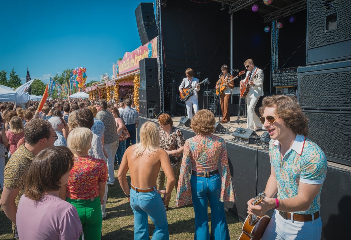 Menschen in 70er-Jahre-Kleidung genießen ein Musikfestival im Freien mit einer Bühne und einer Band, die Schlager-Musik spielt.