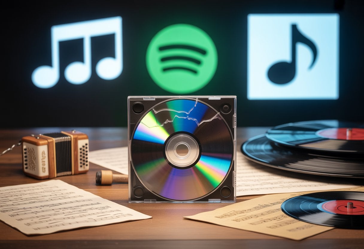 Nahaufnahme einer zerkratzten CD auf einem Holztisch, umgeben von traditionellen deutschen Musikelementen und verschwommenen digitalen Musiksymbolen im Hintergrund.