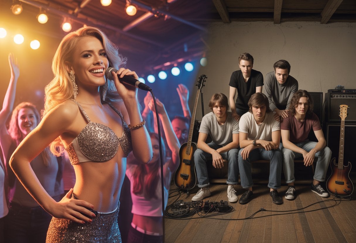 Eine glamouröse Sängerin auf einer hell beleuchteten Bühne neben einer erschöpften Rockband in einem einfachen Proberaum.