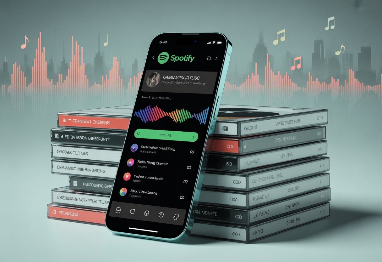 Ein Smartphone mit geöffneter Musik-App neben einem Stapel CDs vor einem Hintergrund mit deutschen Stadtansichten und verblassenden Musiknoten.