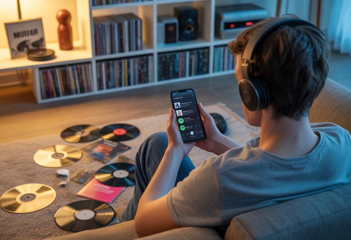 Junge Person sitzt mit Kopfhörern auf dem Sofa und schaut auf ein Smartphone, umgeben von zerfallenden CDs und Schallplatten in einem Wohnzimmer.