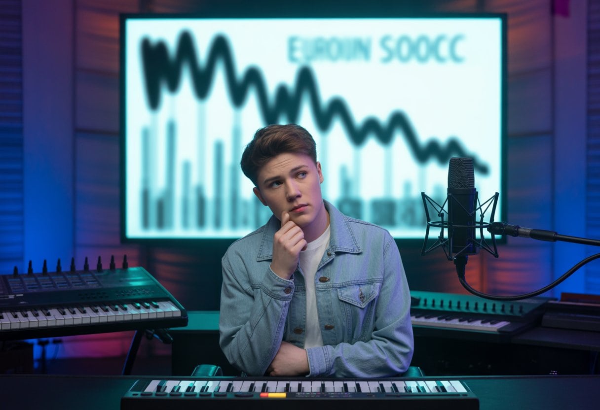 Ein junger Sänger sitzt nachdenklich in einem Tonstudio vor einem Mischpult, im Hintergrund ist ein unscharfes Musikdiagramm zu sehen.