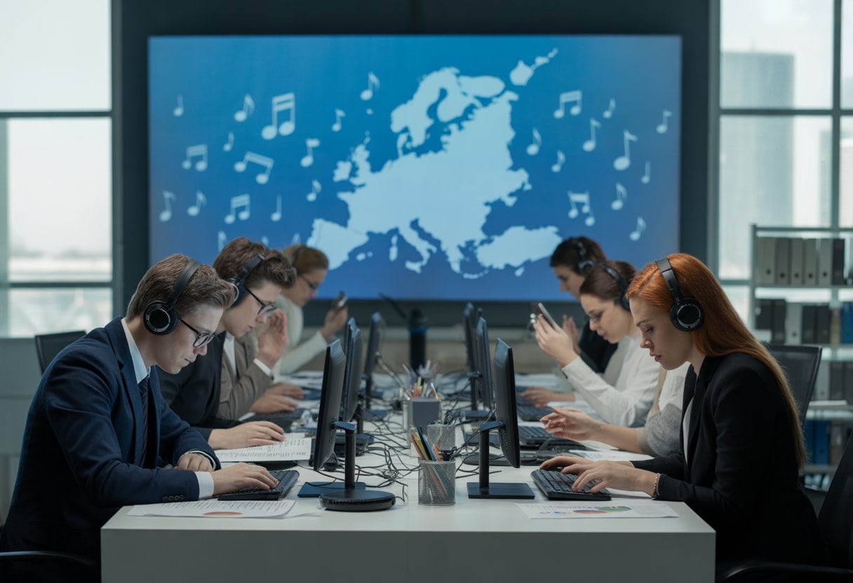 Journalisten arbeiten konzentriert in einem modernen Büro, im Hintergrund sind Musiknoten und eine Europakarte zu sehen.