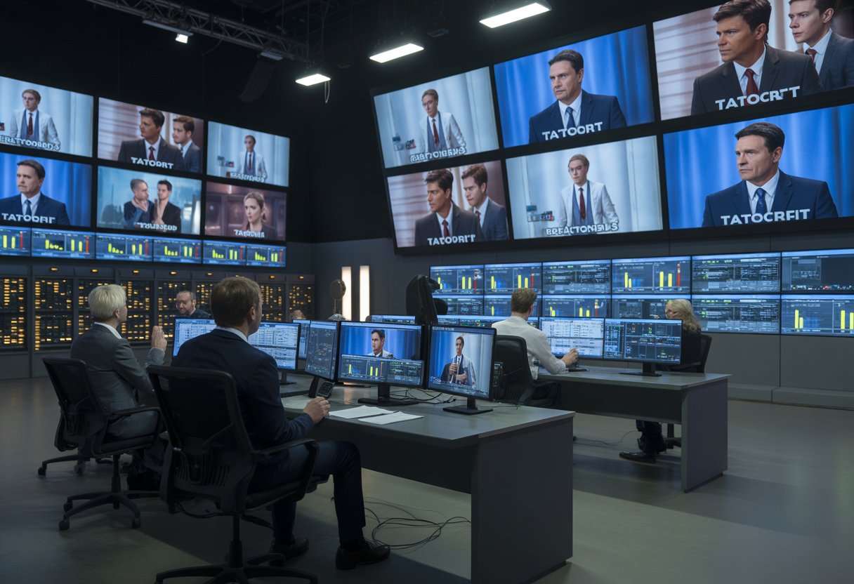 Ein moderner Fernsehstudio-Regieraum mit mehreren Bildschirmen, die Krimiserien zeigen, und Personen, die konzentriert an der Produktion arbeiten.