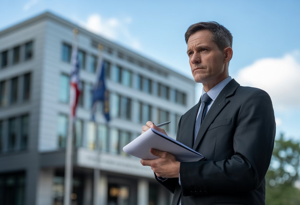 Ein Journalist steht nachdenklich vor einem Rathausgebäude und schaut darauf.