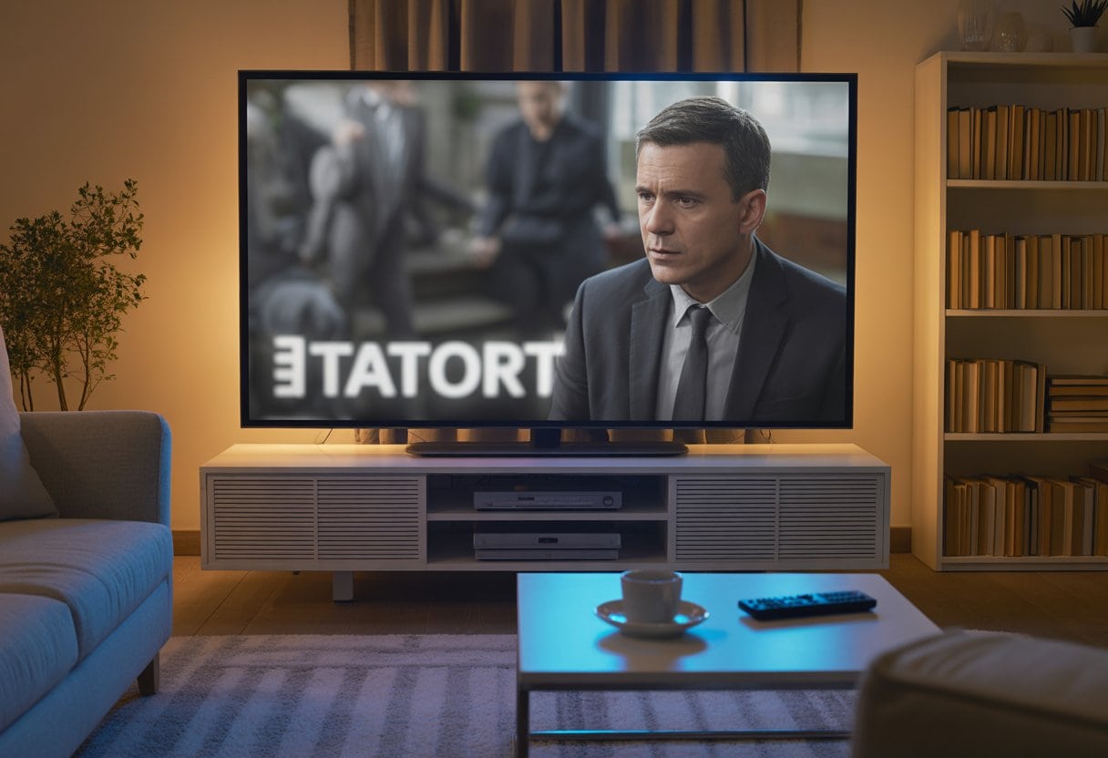 Ein Wohnzimmer mit einem großen Fernseher, auf dem eine spannende Krimiserie läuft, eine gemütliche Couch und ein Couchtisch sind zu sehen.