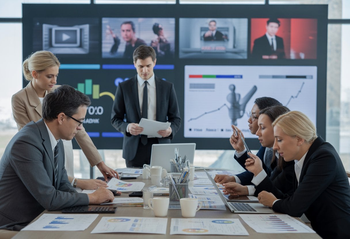 Geschäftsleute diskutieren in einem modernen Büro über Finanzberichte und Bildschirme mit Medieninhalten.