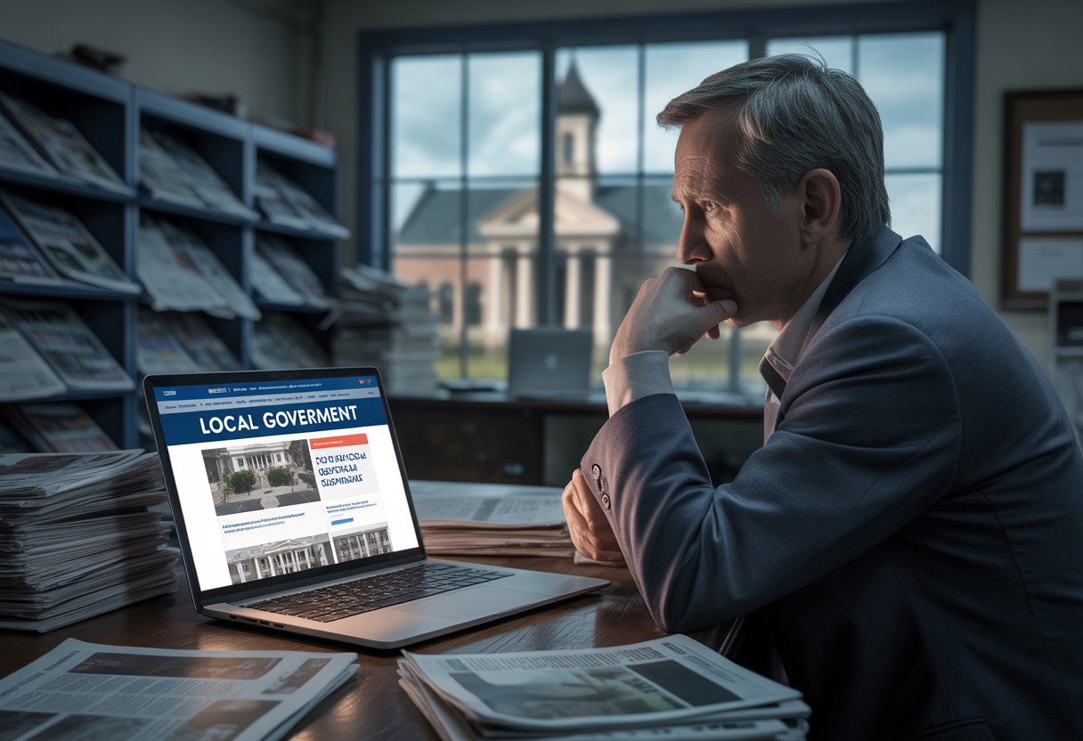 Ein besorgter Mann sitzt in einem Büro vor einem Laptop, umgeben von leeren Zeitungshaltern, mit einem Rathaus im Hintergrund.