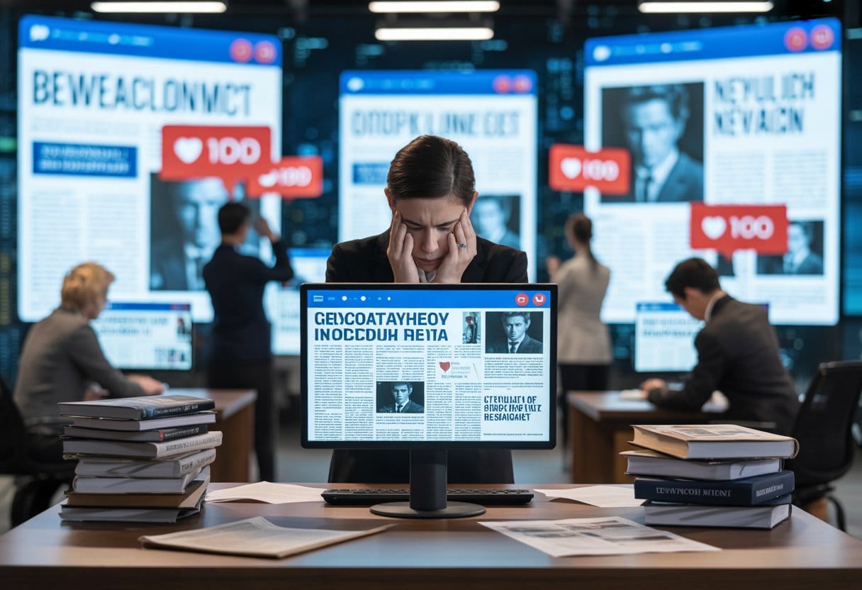 Ein Journalist in einem modernen Nachrichtenbüro schaut frustriert auf einen Bildschirm mit reißerischen Schlagzeilen, während Forschungspapiere daneben liegen.