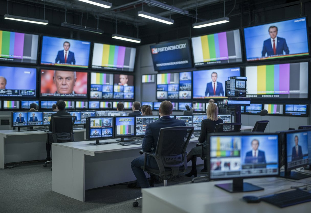 Ein moderner Medienkontrollraum mit mehreren großen Bildschirmen, auf denen verschiedene Nachrichtensendungen gezeigt werden, und Medienmitarbeitern bei der Arbeit.