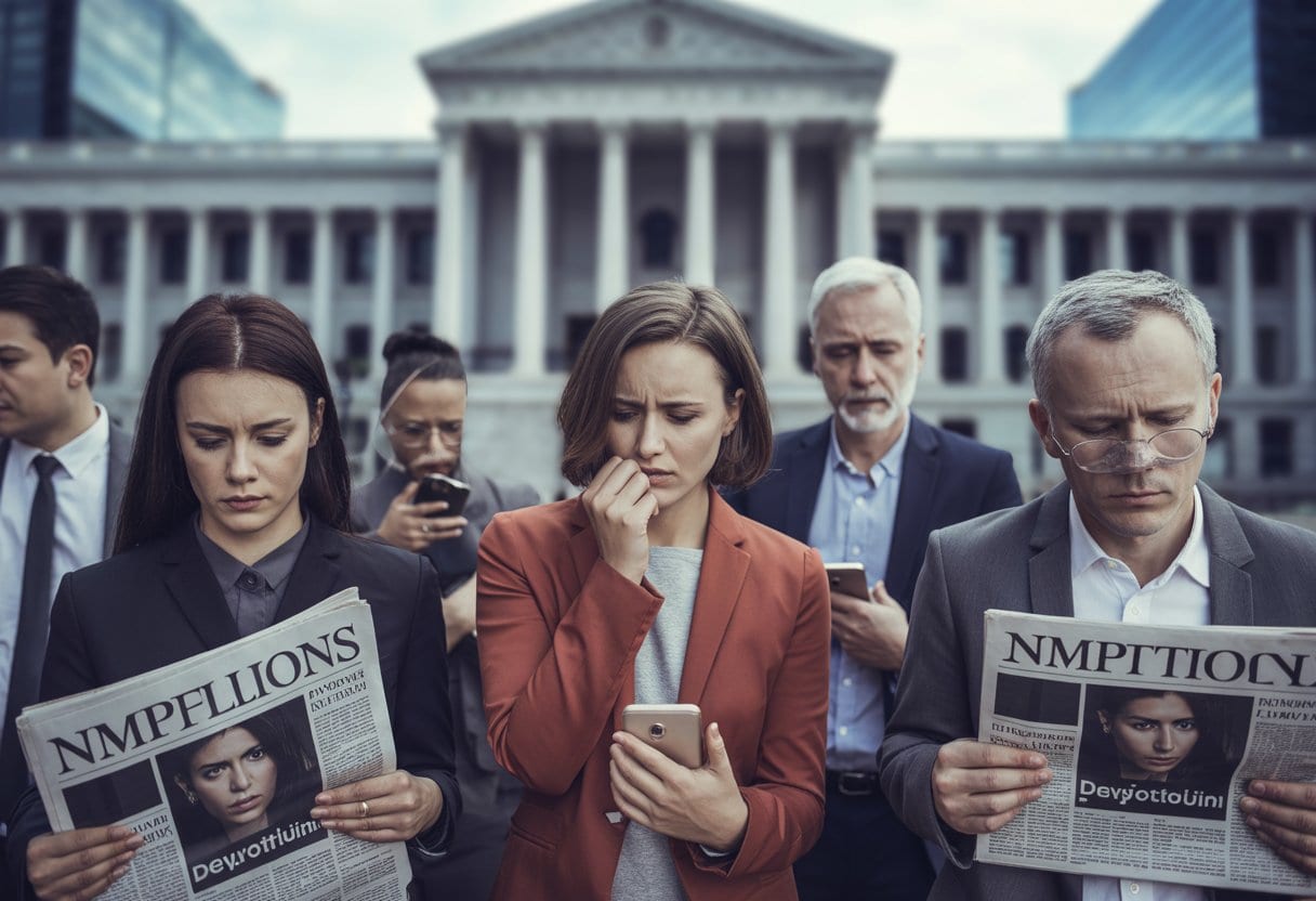 Eine Gruppe von Menschen mit besorgten und skeptischen Blicken hält Zeitungen und Smartphones in einer Stadt mit einem Regierungsgebäude im Hintergrund.