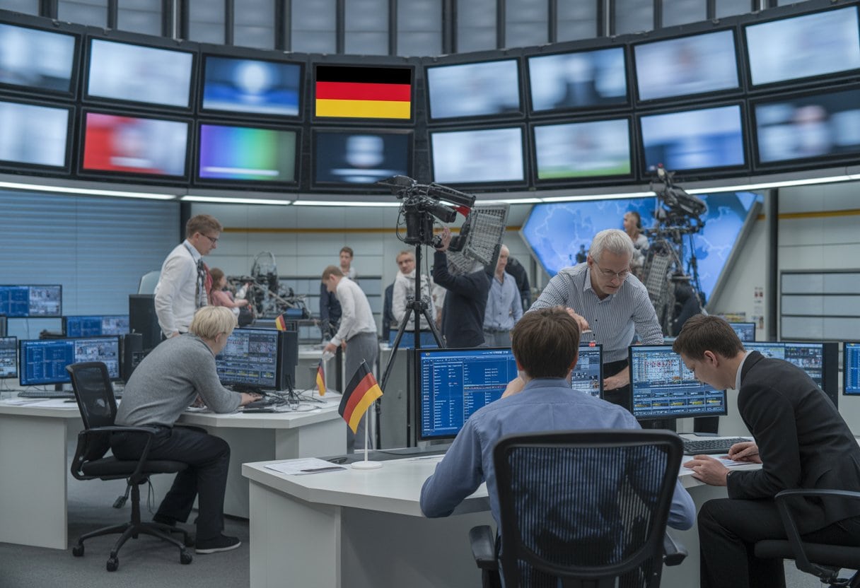 Ein moderner Nachrichtenraum mit mehreren Bildschirmen und Personen, die an Computern und Technik arbeiten.