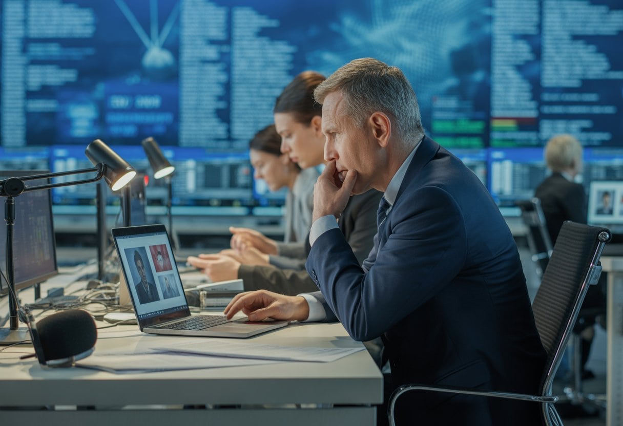 Ein Mann in einem Nachrichtenbüro arbeitet konzentriert an einem Laptop, umgeben von Kollegen und moderner Technik.
