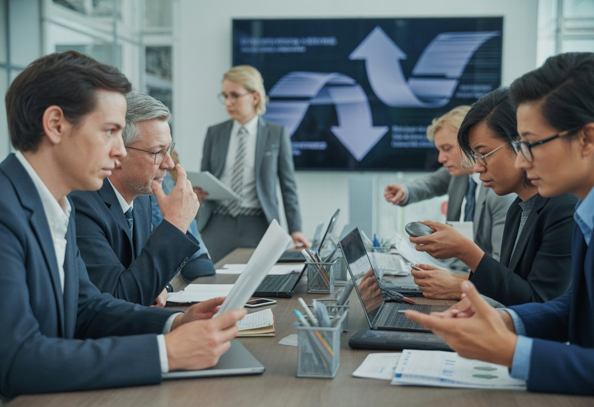 Mehrere Personen in einem modernen Büro sitzen an einem Konferenztisch und diskutieren konzentriert, im Hintergrund ist ein Bildschirm mit abstrakten Grafiken zu sehen.