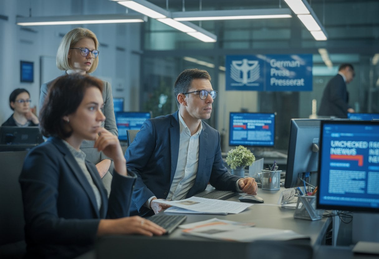 Journalisten arbeiten in einem modernen Nachrichtenbüro mit Computern und Papieren, die eine angespannte Atmosphäre vermitteln.