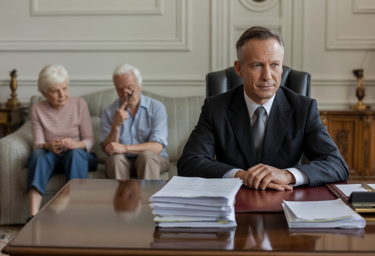 Ein Politiker in einem eleganten Büro sitzt an einem Schreibtisch, während ein älteres Ehepaar in einem einfachen Wohnzimmer besorgt aussieht.