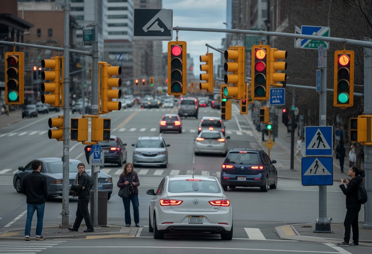 Ein belebter Straßenkreuzung mit widersprüchlichen Ampelsignalen, zögernden Autos und unsicheren Fußgängern.