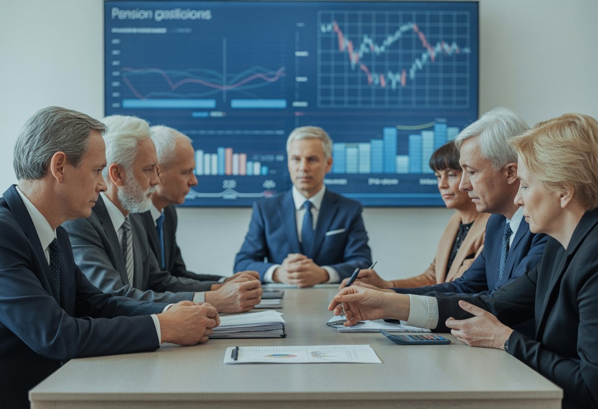 Mehrere Personen in Anzügen sitzen an einem Konferenztisch und besprechen Finanzunterlagen, im Hintergrund sind Diagramme auf einem Bildschirm zu sehen.