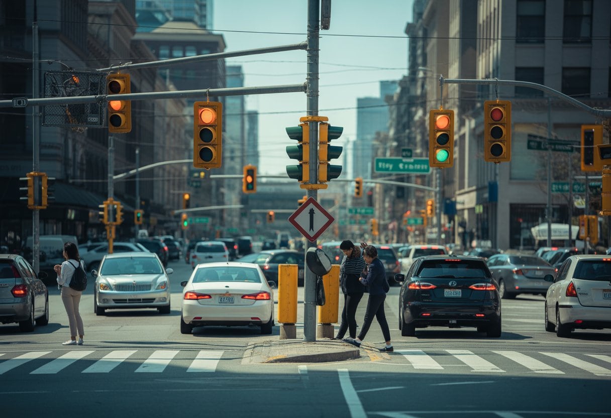 Ein belebter städtischer Straßenkreuzung mit mehreren widersprüchlichen Ampelsignalen, Autos und Fußgänger, die verwirrt warten.