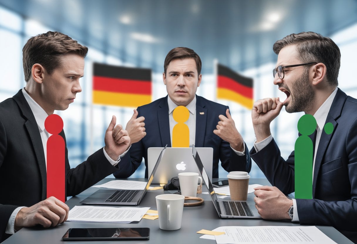 Drei Politiker diskutieren angespannt an einem Konferenztisch mit Dokumenten und Laptops in einem Regierungsbüro.