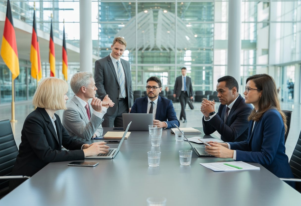 Eine Gruppe von Menschen in Anzügen diskutiert in einem modernen Parlamentsgebäude, umgeben von deutschen Flaggen.