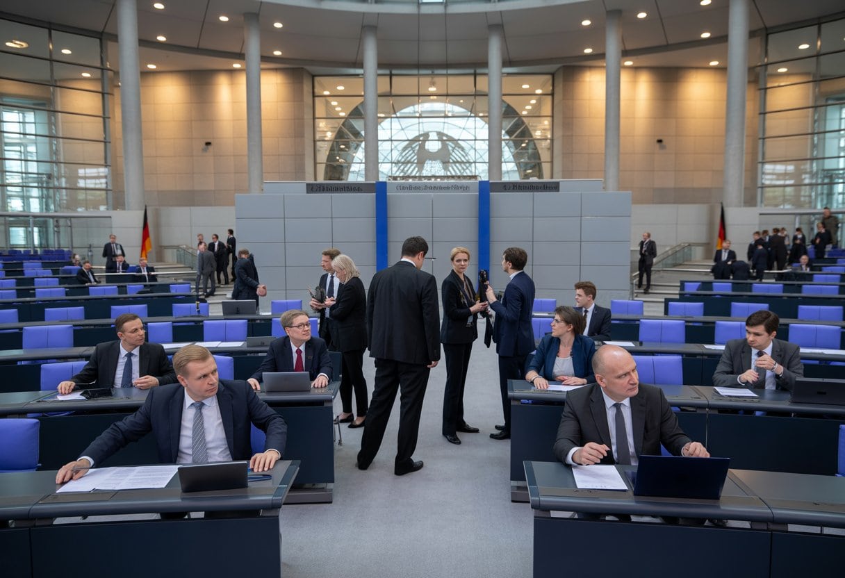 Politiker und Lobbyisten diskutieren im Sitzungssaal des Bundestags während einer Gesetzgebungsdebatte.
