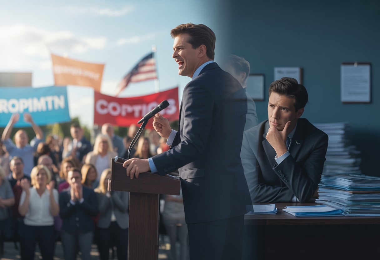 Ein Politiker hält eine Rede vor einer Menschenmenge, im Hintergrund ist eine dunklere Szene mit dem gleichen Politiker in einem Büro zu sehen.