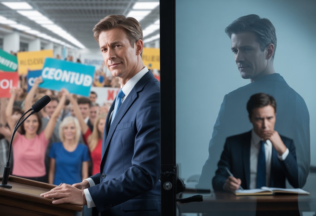 Ein Politiker spricht vor einer jubelnden Menschenmenge, im Hintergrund sieht man denselben Politiker nachdenklich in einem Büro.