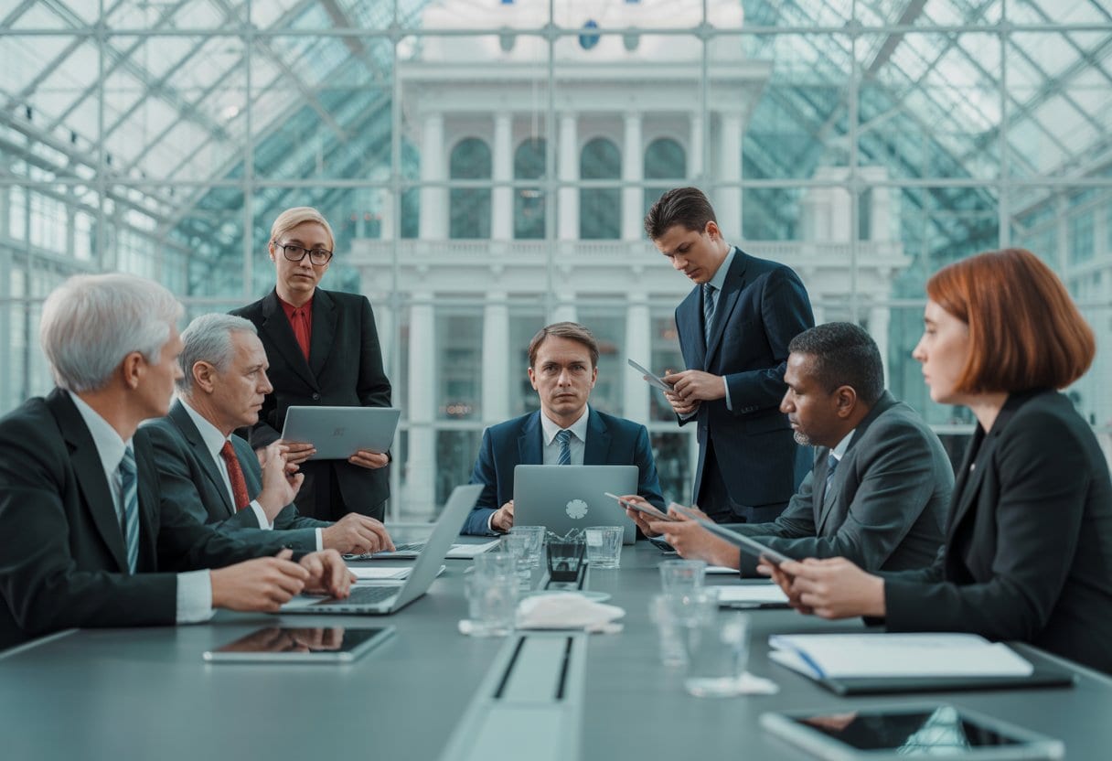 Politiker und Lobbyisten diskutieren an einem Konferenztisch vor einer großen Glaswand in einem Parlamentsgebäude.