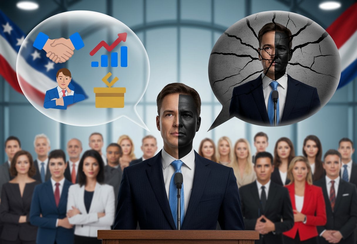 Ein Politiker steht an einem Rednerpult vor einer Menschenmenge, mit einem halb beleuchteten und halb im Schatten liegenden Gesicht, das Wahrheit und Täuschung symbolisiert.