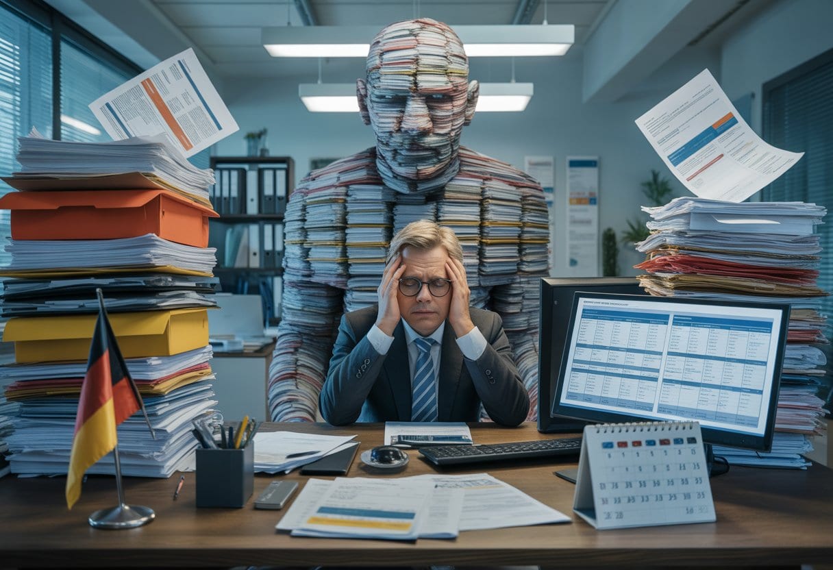 Ein gestresster Geschäftsmann sitzt an einem Schreibtisch, umgeben von hohen Papierstapeln und Ordnern, während eine große, geisterhafte Figur aus Papier und roten Bändern im Hintergrund schwebt.