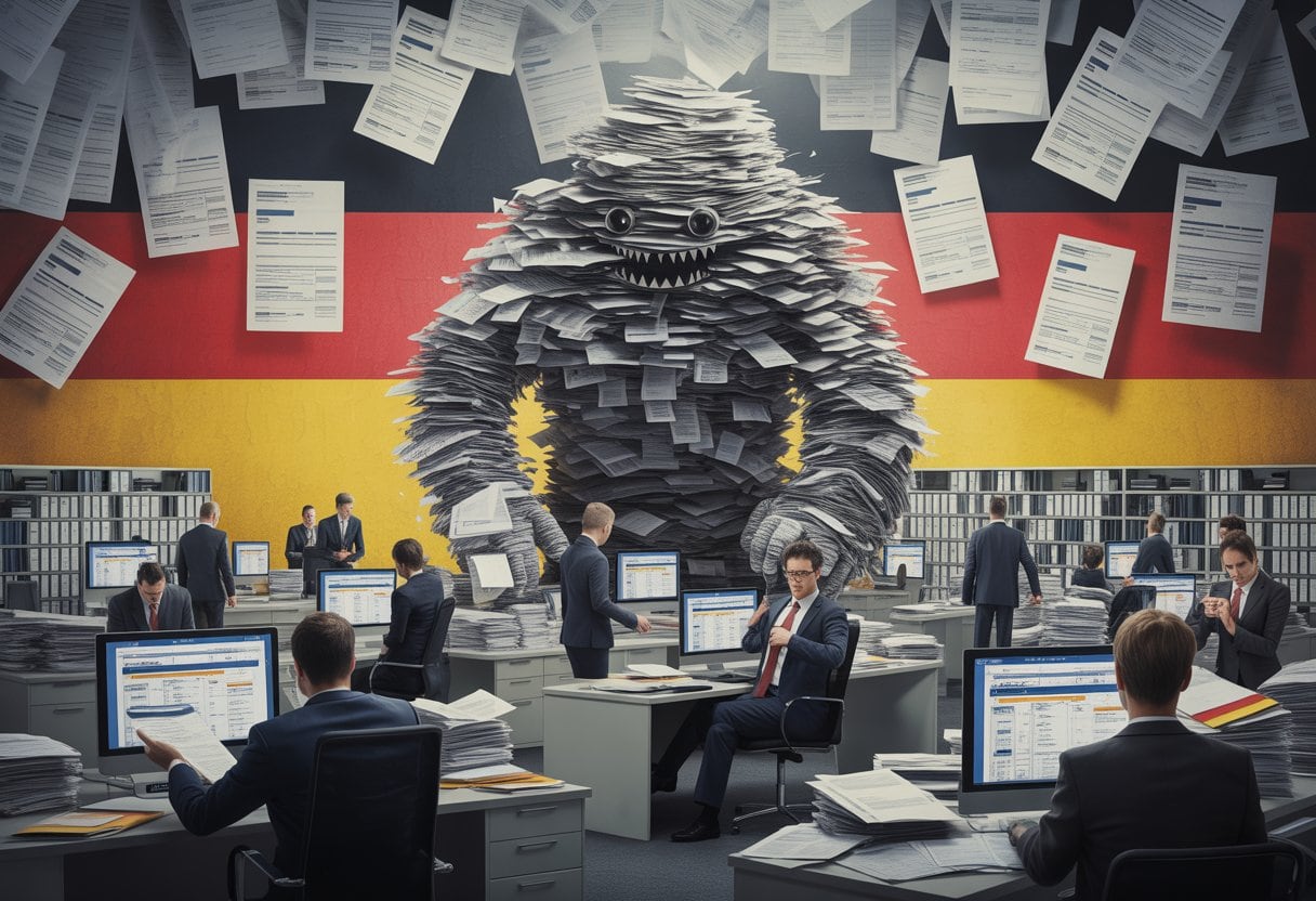 Ein überdimensionales Bürokratie-Monster aus Dokumenten und Formularen überragt ein Büro mit gestressten Mitarbeitern, die von Papierbergen und Regeln überwältigt sind.