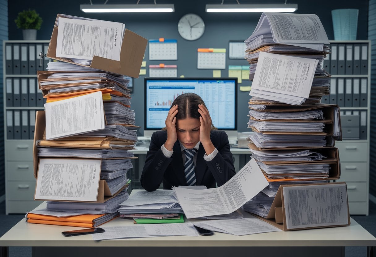 Ein gestresster Büroangestellter sitzt an einem Schreibtisch, umgeben von hohen Papierstapeln und überfüllten Aktenschränken in einem modernen Büro.